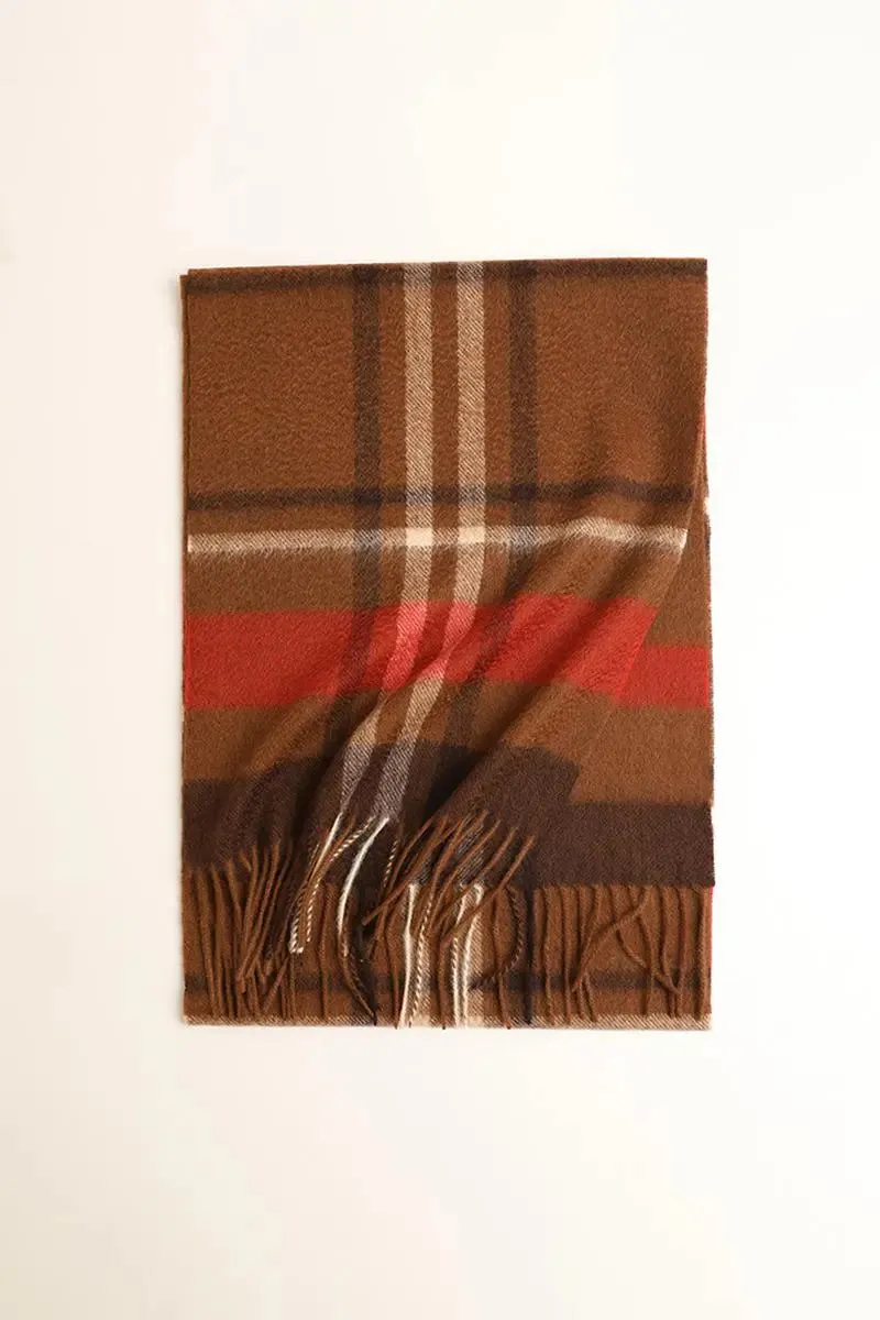Soft Checkered Knit 100 Cashmere Fringe Scarf