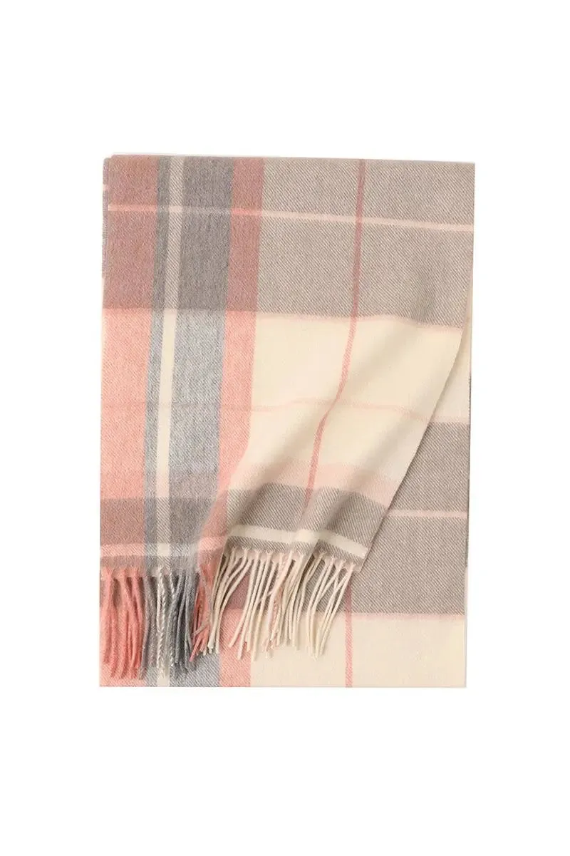 Soft Checkered Knit 100 Cashmere Fringe Scarf