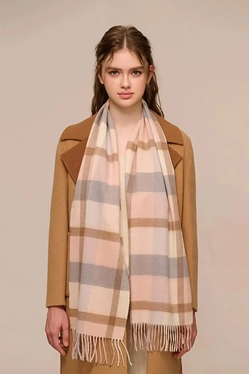 Soft Checkered Knit 100 Cashmere Fringe Scarf