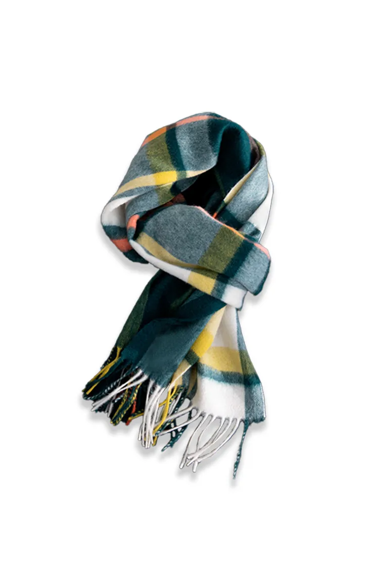Soft Checkered Knit 100 Cashmere Fringe Scarf