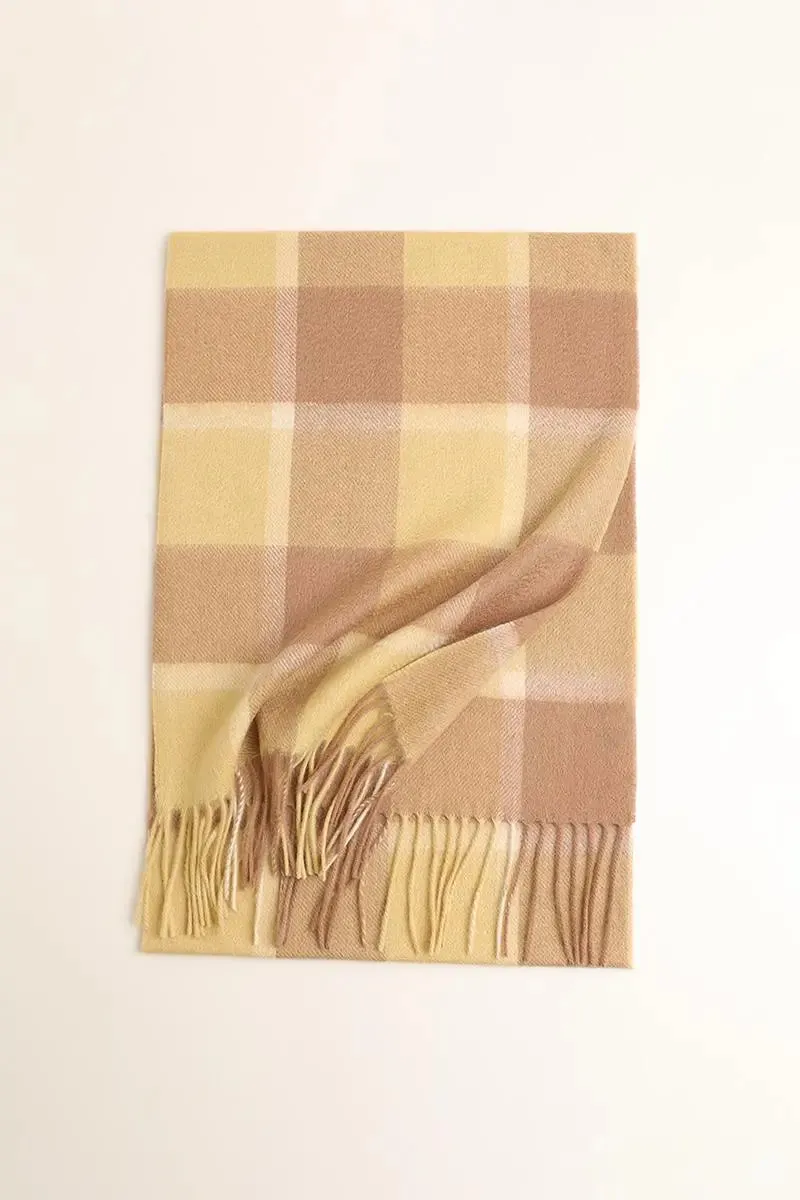 Soft Checkered Knit 100 Cashmere Fringe Scarf