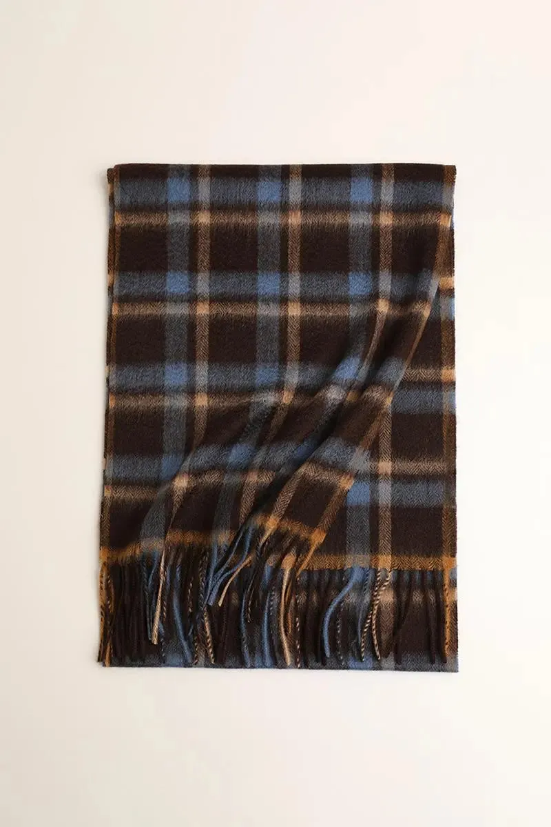 Soft Checkered Knit 100 Cashmere Fringe Scarf