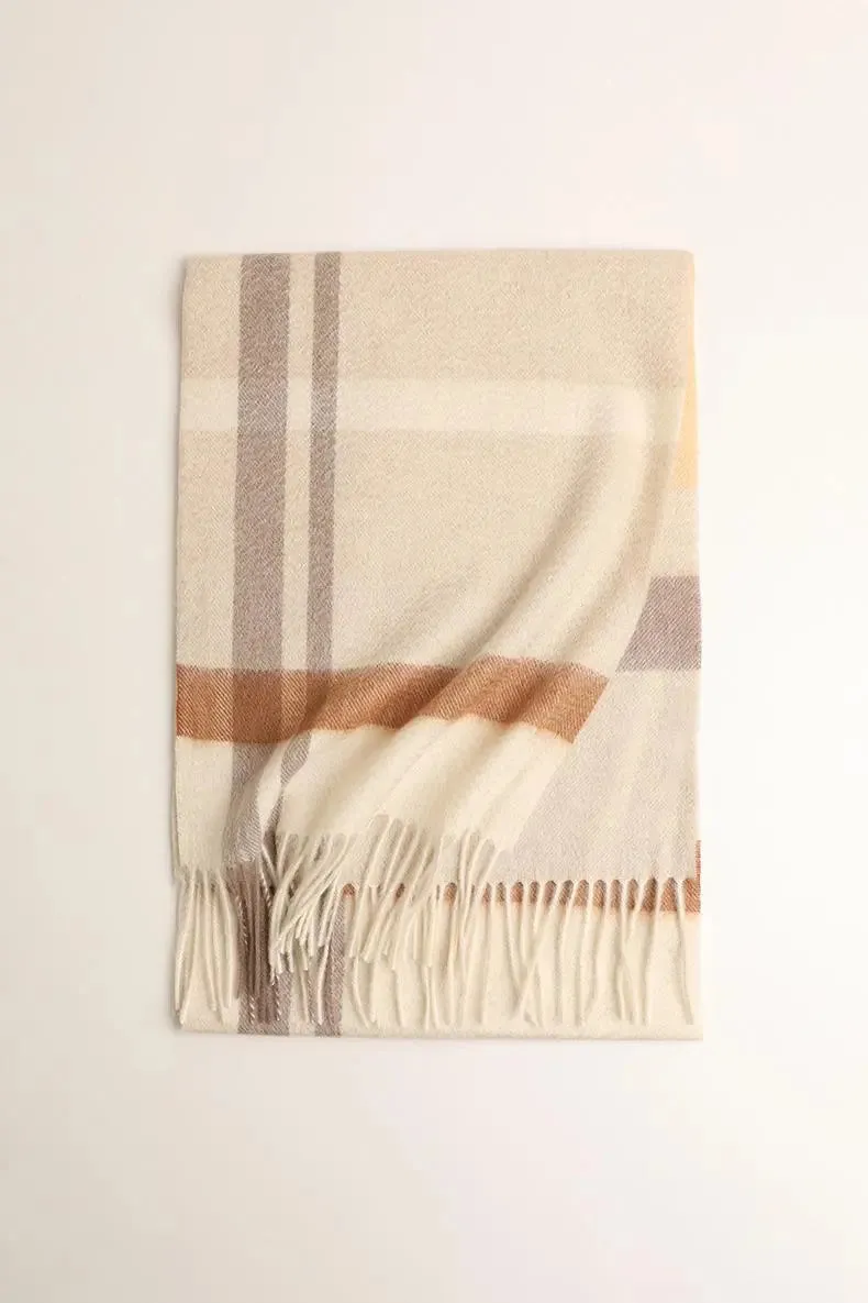 Soft Checkered Knit 100 Cashmere Fringe Scarf