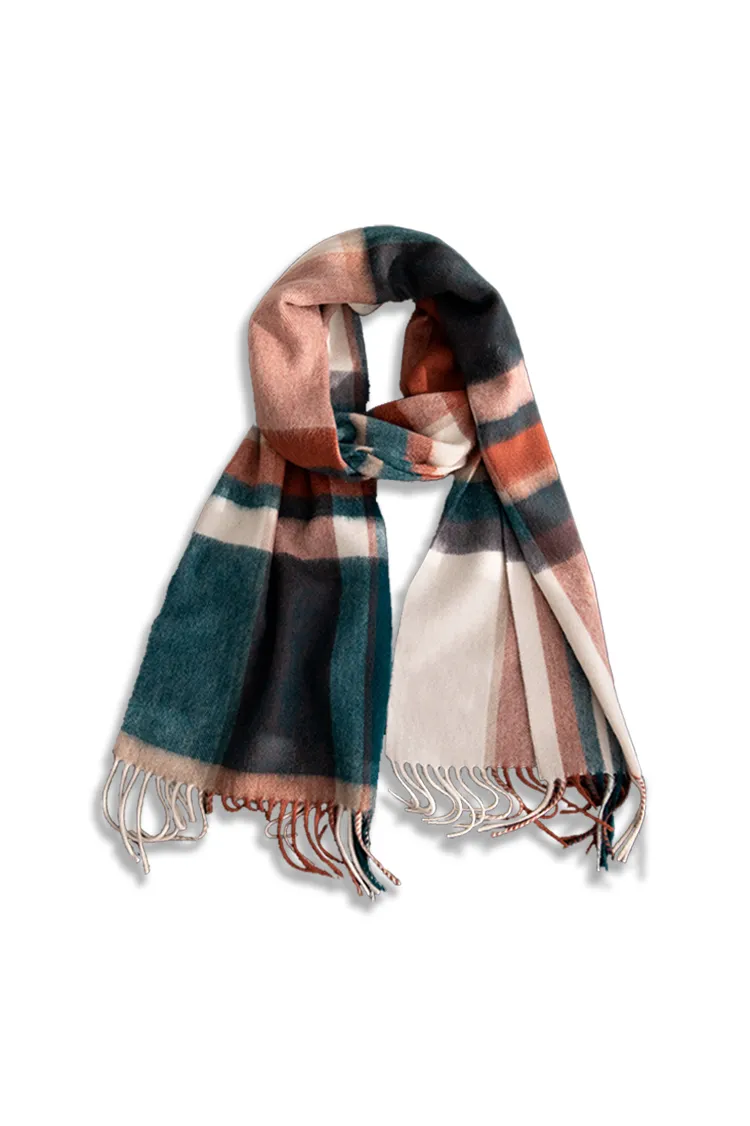 Soft Checkered Knit 100 Cashmere Fringe Scarf