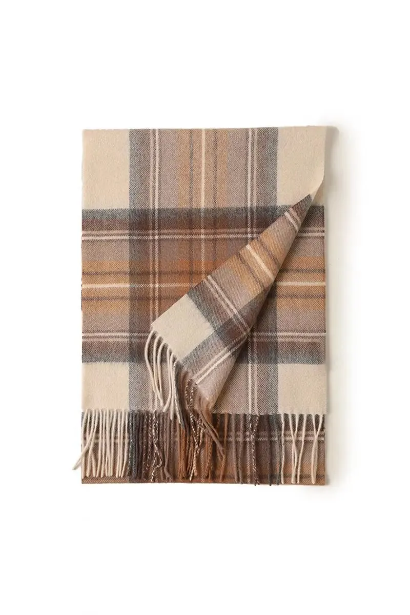 Soft Checkered Knit 100 Cashmere Fringe Scarf