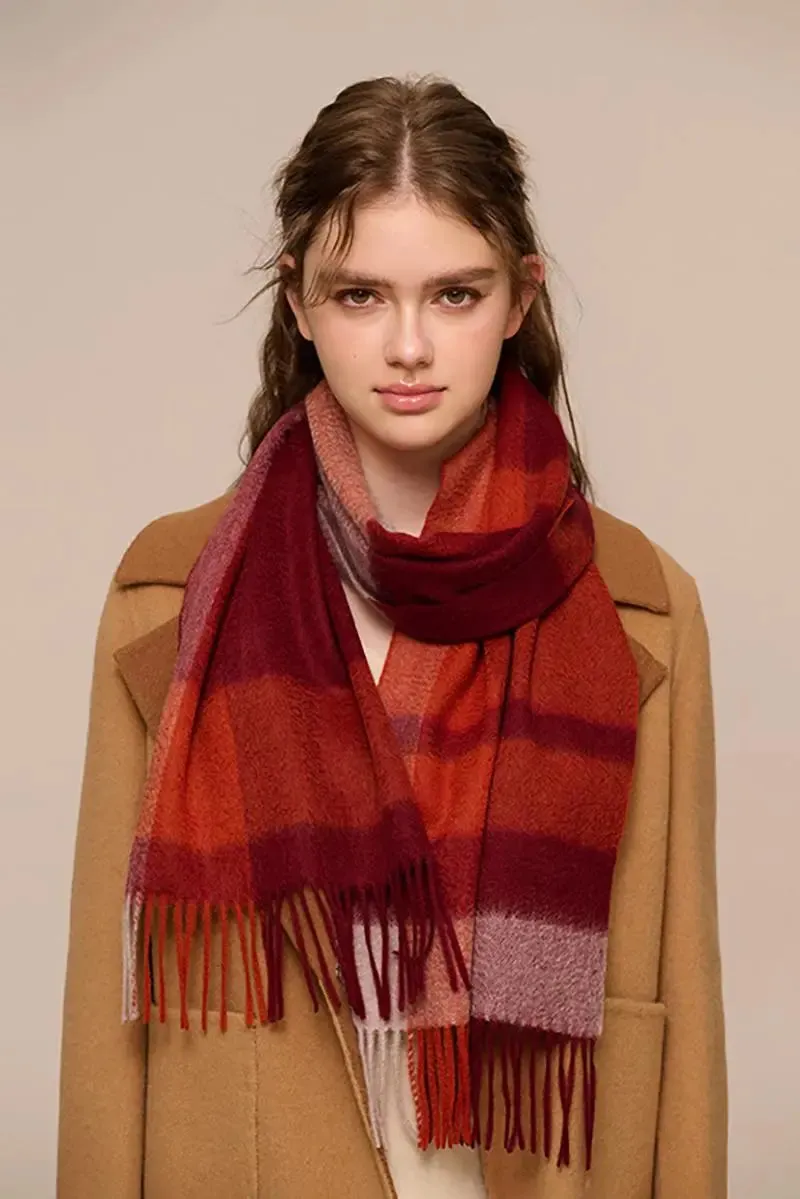 Soft Checkered Knit 100 Cashmere Fringe Scarf