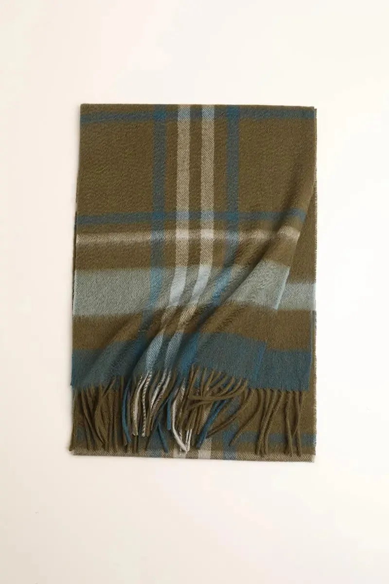 Soft Checkered Knit 100 Cashmere Fringe Scarf