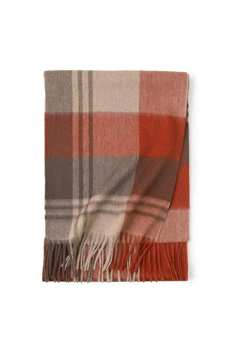 Soft Checkered Knit 100 Cashmere Fringe Scarf