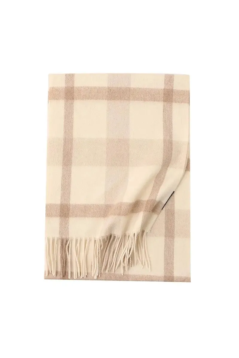 Soft Checkered Knit 100 Cashmere Fringe Scarf