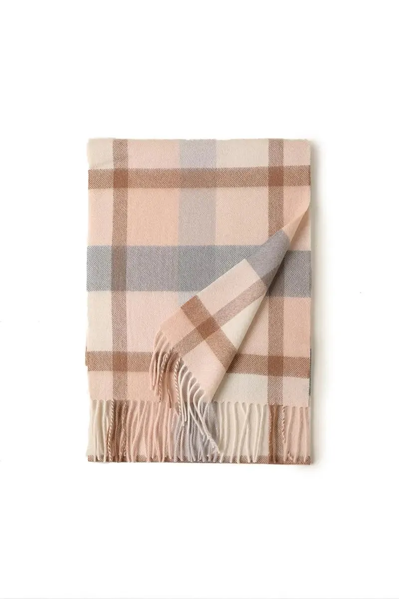 Soft Checkered Knit 100 Cashmere Fringe Scarf