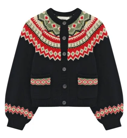 The Great - The Holiday Fairisle Sophomore Cardigan in Black w/ Holiday Fairisle