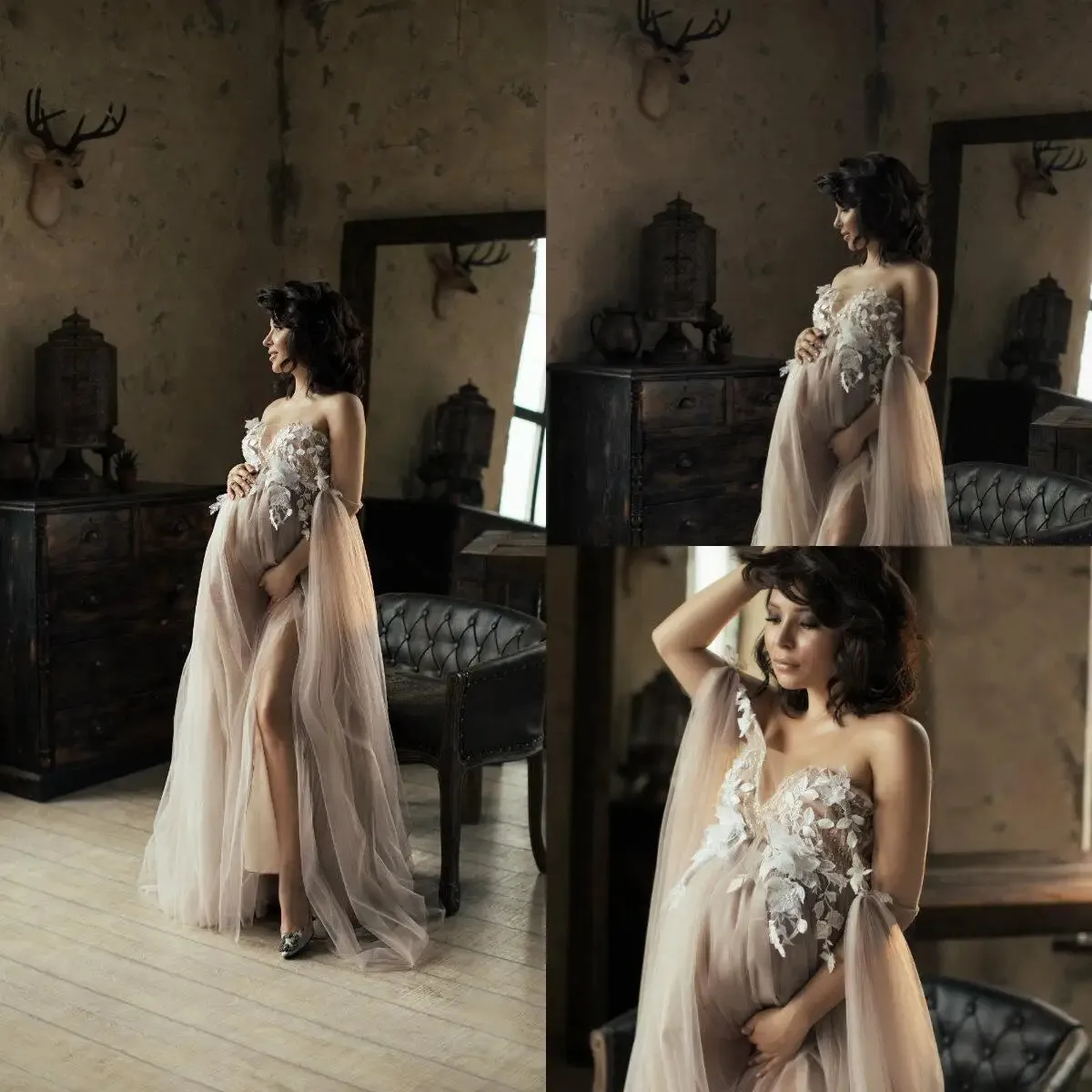 Uniwim Photo Dress Robes Summer Fluffy Tulle Shawls Maternity Lace Robe Custom Made Photo Shoot Beach Birthday Party Bathrobe