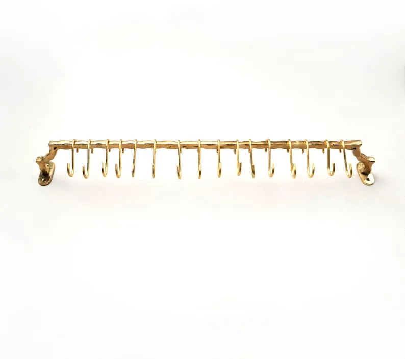 Unlacquered Solid Brass Pot Rail With Hooks, Vintage Pot Hangers for Kitchen