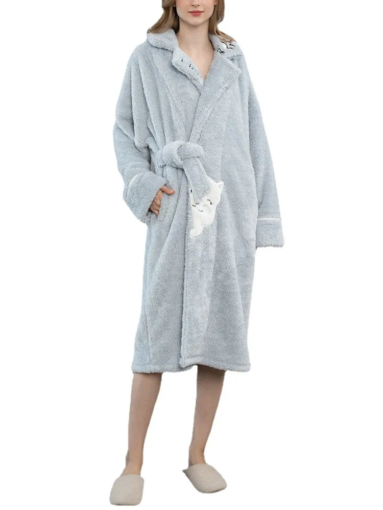 Women Cute Cartoon Cat Pattern Thicken Warm Plush Fluffy Home Sleepwear Robes With Pocket