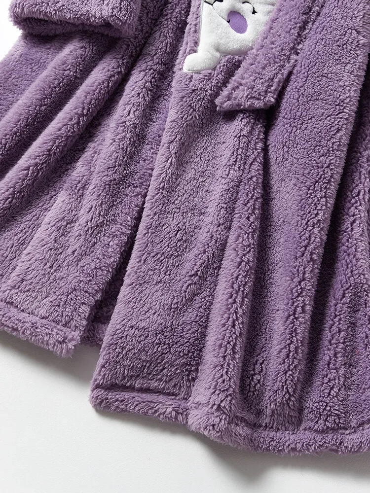 Women Cute Cartoon Cat Pattern Thicken Warm Plush Fluffy Home Sleepwear Robes With Pocket