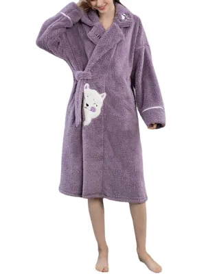Women Cute Cartoon Cat Pattern Thicken Warm Plush Fluffy Home Sleepwear Robes With Pocket